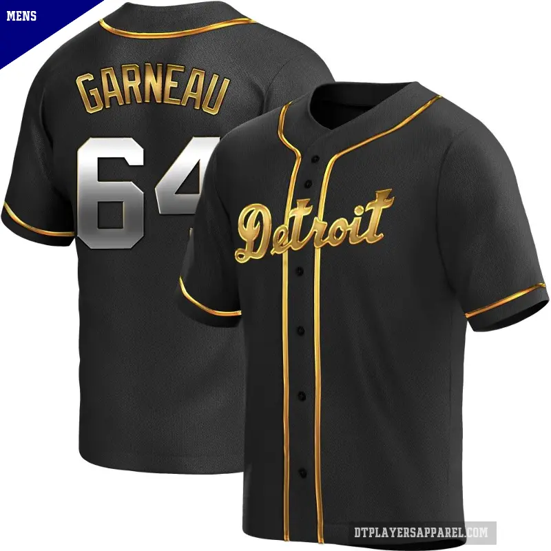 Men's No.64 Dustin Garneau Detroit Tigers Gold Replica Black en Alternate Jersey