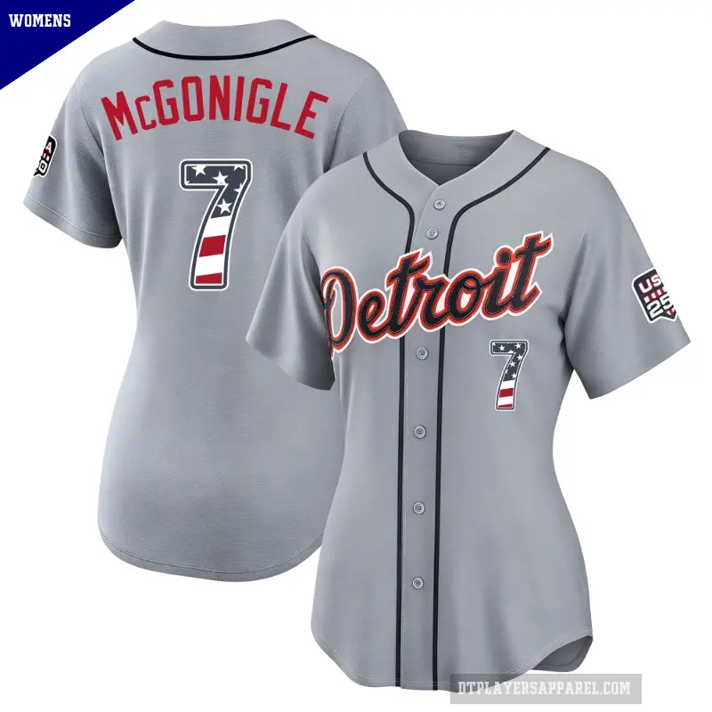 Women's No.7 Kevin McGonigle Detroit Tigers Gray Limited USA 250 Fourth Of July Road Stadium Jersey