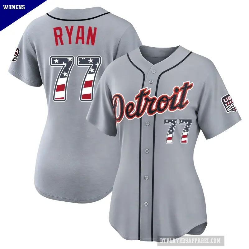Women's No.77 River Ryan Detroit Tigers Gray Limited USA 250 Fourth Of July Road Stadium Jersey